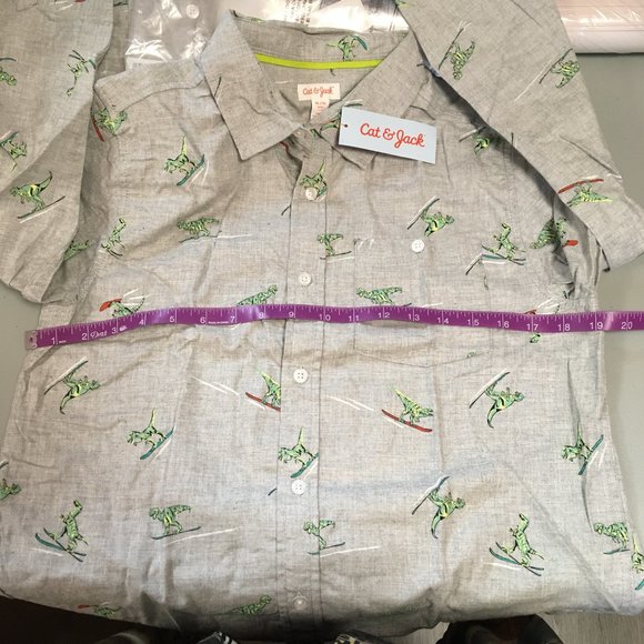 Boy’s Cat & Jack Gray Skiing Dinosaur Long Sleeve Button Down Shirt XLH (16) - Picture 5 of 8